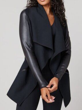 SPANX Drape Front Jacket Very Black Size Small Faux Leather